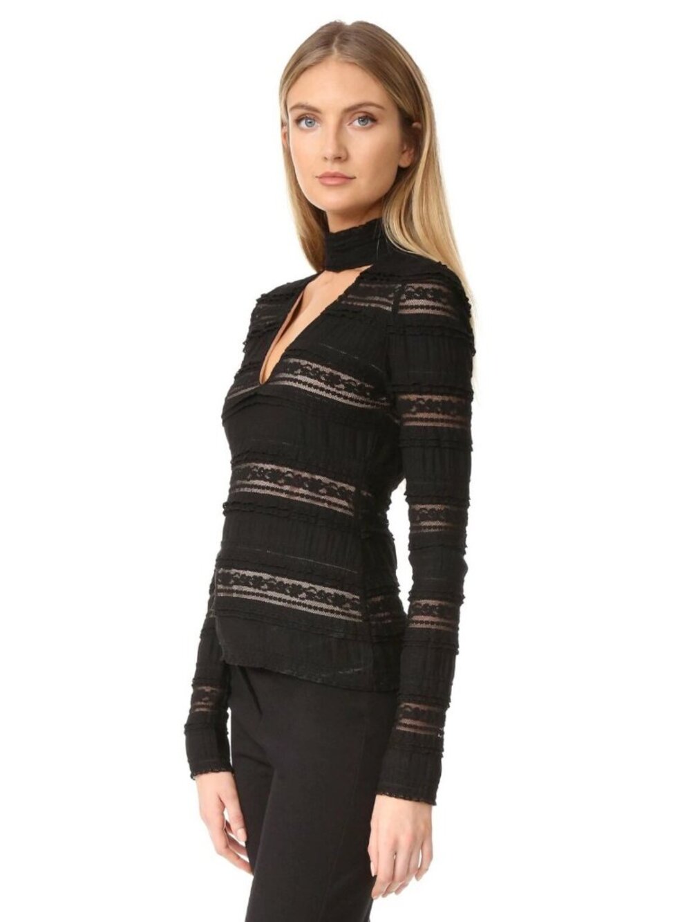 Cinq a Sept Cecily Black Lace Choker V-Neck Long Sleeve Blouse Top Size Medium M